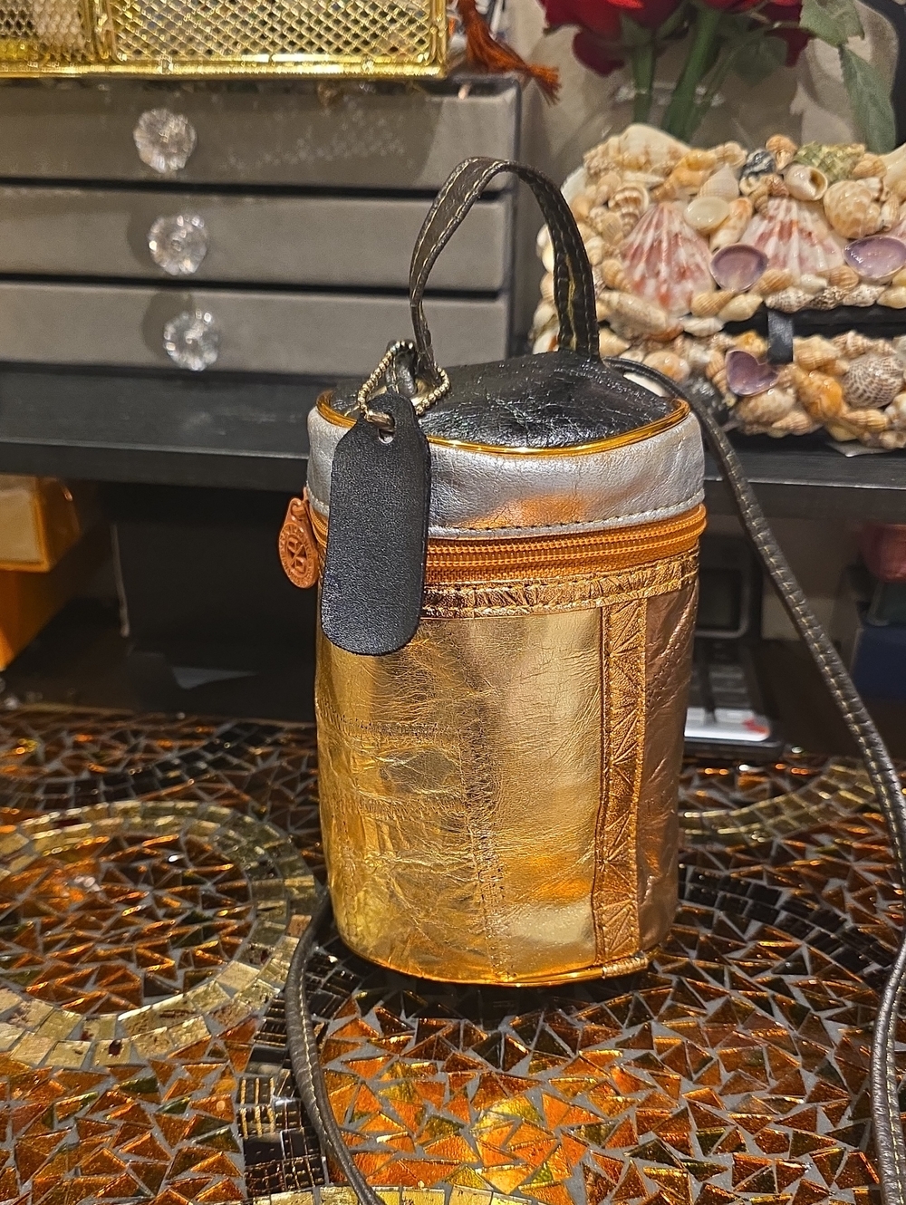 Metallic Gold Toiletry Cylinder Bag with Black Trim - Men
